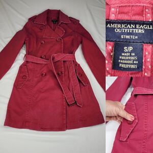TRENCH COAT AEO AMERICAN EAGLE OUTFITTERS stretch red twill denim BELTED small S